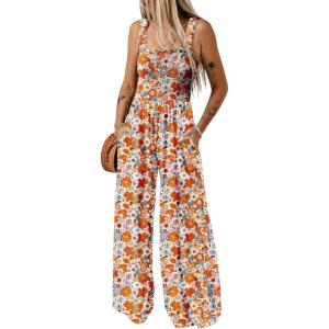 imageDokotoo Womens Casual Loose Overalls Jumpsuits One Piece Sleeveless Printed Wide Leg Long Pant Rompers With PocketsOrange