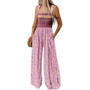 imageDokotoo Womens Casual Loose Overalls Jumpsuits One Piece Sleeveless Printed Wide Leg Long Pant Rompers With PocketsPink