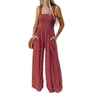 imageDokotoo Womens Casual Loose Overalls Jumpsuits One Piece Sleeveless Printed Wide Leg Long Pant Rompers With PocketsRed
