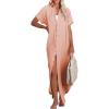 imageDokotoo Womens Casual Short Sleeve Side Split Button Down Long Kimonos Cardigans Swimsuit Cover Ups Summer Beach DressPink 3