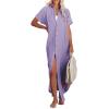 imageDokotoo Womens Casual Short Sleeve Side Split Button Down Long Kimonos Cardigans Swimsuit Cover Ups Summer Beach DressPurple