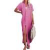 imageDokotoo Womens Casual Short Sleeve Side Split Button Down Long Kimonos Cardigans Swimsuit Cover Ups Summer Beach DressRose