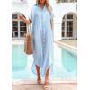 imageDokotoo Womens Casual Short Sleeve Side Split Button Down Long Kimonos Cardigans Swimsuit Cover Ups Summer Beach DressSky Blue