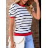 imageDokotoo Womens Short Puff Sleeve Knit Tops 2025 Trendy Crewneck Striped T Shirts Casual Summer BlousesOrange Stripe