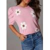 imageDokotoo Womens Short Puff Sleeve Knit Tops 2025 Trendy Crewneck Striped T Shirts Casual Summer BlousesY Pink