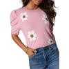 imageDokotoo Womens Short Puff Sleeve Knit Tops 2025 Trendy Crewneck Striped T Shirts Casual Summer BlousesY Pink