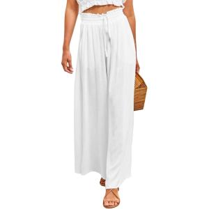 imageDokotoo Pants for Women Casual Elastic Waist Wide Leg Pants with Pockets1 White