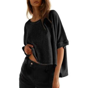 imageDokotoo Summer Shirts 2025 Womens Solid T Shirts for Women Loose Oversized Tops Basic TeeA Black