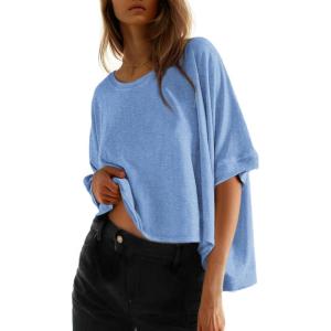 imageDokotoo Summer Shirts 2025 Womens Solid T Shirts for Women Loose Oversized Tops Basic TeeA Dusk Blue