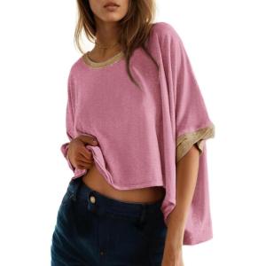 imageDokotoo Summer Shirts 2025 Womens Solid T Shirts for Women Loose Oversized Tops Basic TeeBonbon