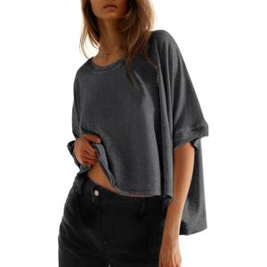 imageDokotoo Summer Shirts 2025 Womens Solid T Shirts for Women Loose Oversized Tops Basic TeeDark Grey
