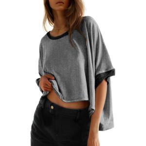 imageDokotoo Summer Shirts 2025 Womens Solid T Shirts for Women Loose Oversized Tops Basic TeeGray