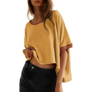 imageDokotoo Summer Shirts 2025 Womens Solid T Shirts for Women Loose Oversized Tops Basic TeeJurassic Gold