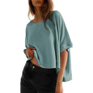 imageDokotoo Summer Shirts 2025 Womens Solid T Shirts for Women Loose Oversized Tops Basic TeeMist Blue