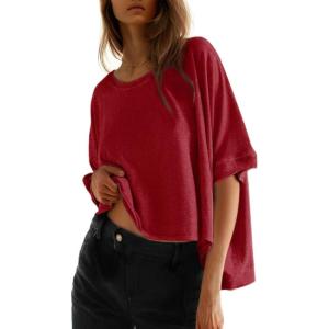 imageDokotoo Summer Shirts 2025 Womens Solid T Shirts for Women Loose Oversized Tops Basic TeeRed Dahlia