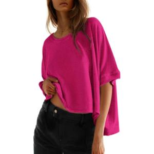 imageDokotoo Summer Shirts 2025 Womens Solid T Shirts for Women Loose Oversized Tops Basic TeeRose Red