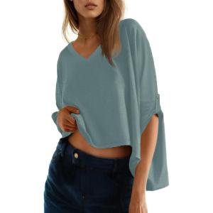 imageDokotoo Summer Shirts 2025 Womens Solid T Shirts for Women Loose Oversized Tops Basic TeeZ Haze Blue