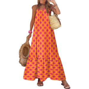 imageDokotoo Women Summer Dresses 2025 Spaghetti Strap Scoop Neck Smocked Ruffle Flowy Boho Maxi DressOrange