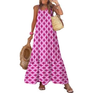 imageDokotoo Women Summer Dresses 2025 Spaghetti Strap Scoop Neck Smocked Ruffle Flowy Boho Maxi DressPurple
