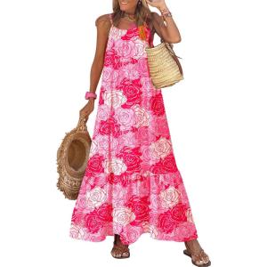 imageDokotoo Women Summer Dresses 2025 Spaghetti Strap Scoop Neck Smocked Ruffle Flowy Boho Maxi DressRose