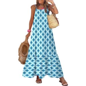 imageDokotoo Women Summer Dresses 2025 Spaghetti Strap Scoop Neck Smocked Ruffle Flowy Boho Maxi DressSky Blue
