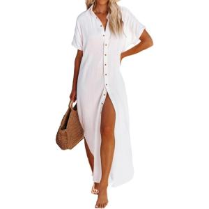 imageDokotoo Womens Casual Short Sleeve Side Split Button Down Long Kimonos Cardigans Swimsuit Cover Ups Summer Beach Dress1 White