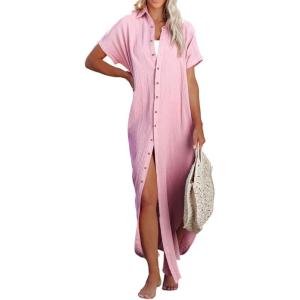 imageDokotoo Womens Casual Short Sleeve Side Split Button Down Long Kimonos Cardigans Swimsuit Cover Ups Summer Beach DressPink
