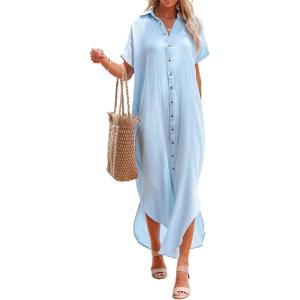 imageDokotoo Womens Casual Short Sleeve Side Split Button Down Long Kimonos Cardigans Swimsuit Cover Ups Summer Beach DressSky Blue
