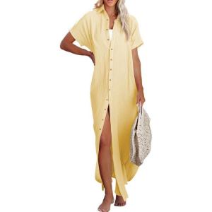 imageDokotoo Womens Casual Short Sleeve Side Split Button Down Long Kimonos Cardigans Swimsuit Cover Ups Summer Beach DressYellow