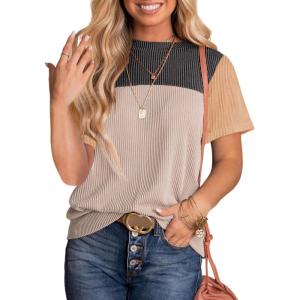 imageDokotoo Womens Color Block Fashion Short Sleeve Crewneck Knitted Spring Summer Casual Loose T Shirts TopsAblack