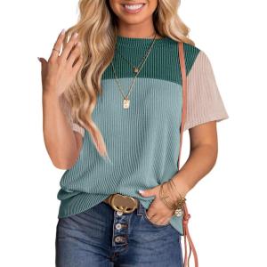 imageDokotoo Womens Color Block Fashion Short Sleeve Crewneck Knitted Spring Summer Casual Loose T Shirts TopsAblue Green