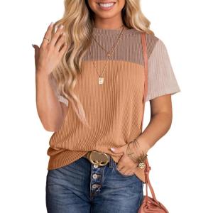 imageDokotoo Womens Color Block Fashion Short Sleeve Crewneck Knitted Spring Summer Casual Loose T Shirts TopsAkhaki