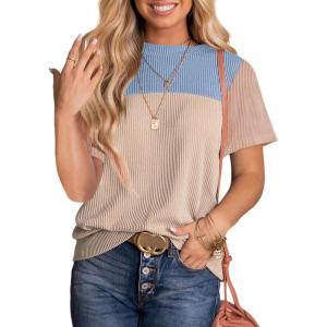 imageDokotoo Womens Color Block Fashion Short Sleeve Crewneck Knitted Spring Summer Casual Loose T Shirts TopsBlue Khaki