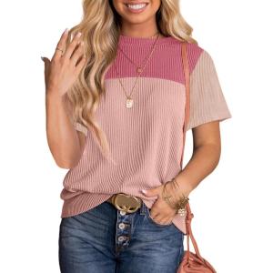 imageDokotoo Womens Color Block Fashion Short Sleeve Crewneck Knitted Spring Summer Casual Loose T Shirts TopsBpink