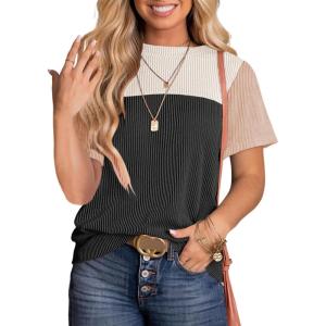 imageDokotoo Womens Color Block Fashion Short Sleeve Crewneck Knitted Spring Summer Casual Loose T Shirts TopsCarbon Grey