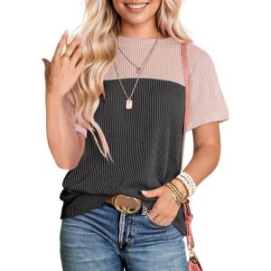 imageDokotoo Womens Color Block Fashion Short Sleeve Crewneck Knitted Spring Summer Casual Loose T Shirts TopsDark Grey