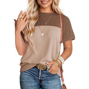 imageDokotoo Womens Color Block Fashion Short Sleeve Crewneck Knitted Spring Summer Casual Loose T Shirts TopsDark Khaki
