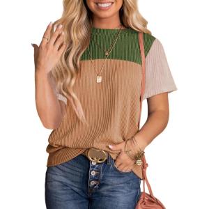 imageDokotoo Womens Color Block Fashion Short Sleeve Crewneck Knitted Spring Summer Casual Loose T Shirts TopsFern Green