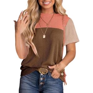 imageDokotoo Womens Color Block Fashion Short Sleeve Crewneck Knitted Spring Summer Casual Loose T Shirts TopsGold Flame