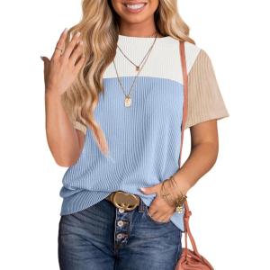 imageDokotoo Womens Color Block Fashion Short Sleeve Crewneck Knitted Spring Summer Casual Loose T Shirts TopsLight Blue