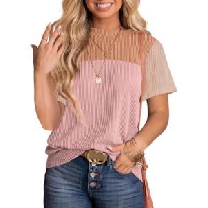 imageDokotoo Womens Color Block Fashion Short Sleeve Crewneck Knitted Spring Summer Casual Loose T Shirts TopsLight Pink