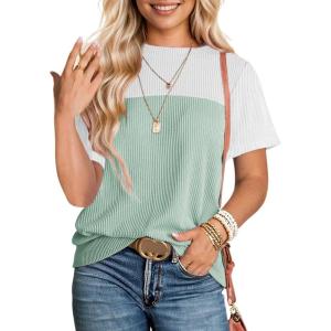 imageDokotoo Womens Color Block Fashion Short Sleeve Crewneck Knitted Spring Summer Casual Loose T Shirts TopsMint Green