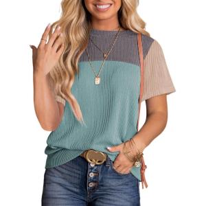 imageDokotoo Womens Color Block Fashion Short Sleeve Crewneck Knitted Spring Summer Casual Loose T Shirts TopsMyosotis