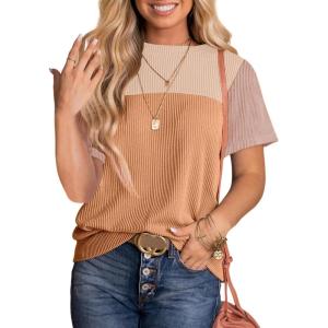 imageDokotoo Womens Color Block Fashion Short Sleeve Crewneck Knitted Spring Summer Casual Loose T Shirts TopsOrange