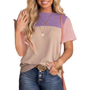 imageDokotoo Womens Color Block Fashion Short Sleeve Crewneck Knitted Spring Summer Casual Loose T Shirts TopsParchment