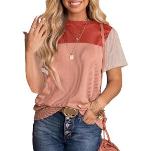 imageDokotoo Womens Color Block Fashion Short Sleeve Crewneck Knitted Spring Summer Casual Loose T Shirts TopsRed