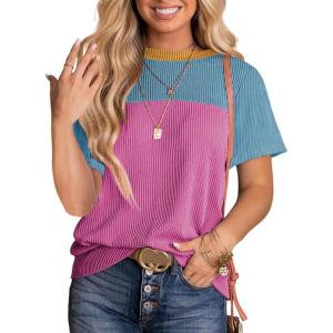 imageDokotoo Womens Color Block Fashion Short Sleeve Crewneck Knitted Spring Summer Casual Loose T Shirts TopsRose Red