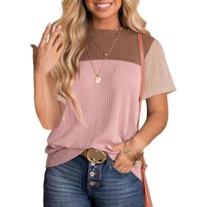 imageDokotoo Womens Color Block Fashion Short Sleeve Crewneck Knitted Spring Summer Casual Loose T Shirts TopsSimply Taupe