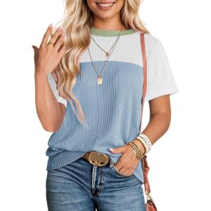 imageDokotoo Womens Color Block Fashion Short Sleeve Crewneck Knitted Spring Summer Casual Loose T Shirts TopsSky Blue