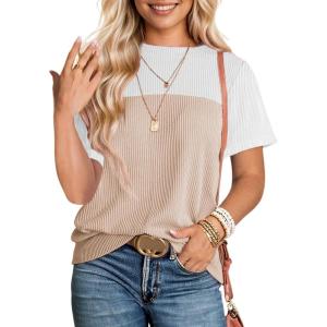 imageDokotoo Womens Color Block Fashion Short Sleeve Crewneck Knitted Spring Summer Casual Loose T Shirts TopsSmoke Gray